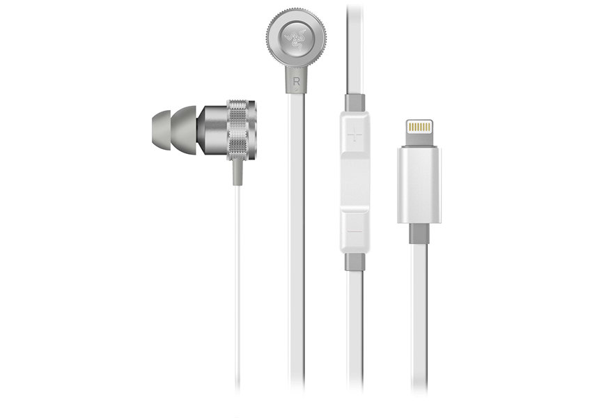 Razer Hammerhead Earbuds for iOS: DAC - Custom-Tuned Dual-Driver Technology - In-Line Mic & Volume Control - Aluminum Frame - Lightning Connector - Mercury White